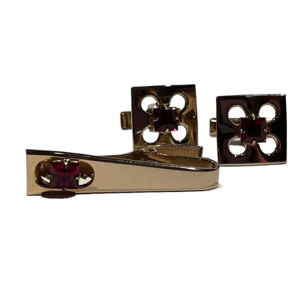 Vintage Cuff Links, Gold Tone with Red Rhinestones, Square
